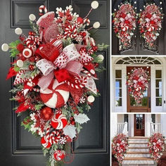 a christmas wreath with candy canes and candies on the front door is shown