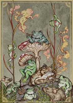 the frog and toad are sitting in front of some mushrooms