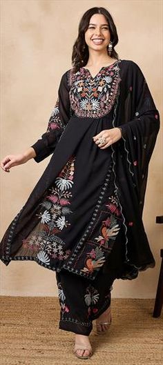 Black and Grey color Salwar Kameez in Georgette fabric with Embroidered, Thread work Festive Black Georgette Salwar Kameez, Black Sharara With Chikankari Embroidery For Diwali, Black Palazzo Set With Straight Kurta For Festivals, Black Georgette Salwar Kameez For Diwali, Black Embroidered Dress For Diwali, Bollywood Black Palazzo Set For Festivals, Black Bollywood Palazzo Set For Festivals, Transitional Black Georgette Traditional Wear, Black Dress With Intricate Embroidery For Diwali