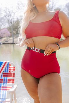 Take on the summer heat in style with our chic red plus size 'Moon River Bikini Bottom' featuring lightweight four-way stretch material, a high waistline with a black accent belt, and a flattering figure hugging silhouette!                                                              on products  Measurements 1XL variant has  a Hip of 38-44",  a Waist of 30-38".  2XL variant has  a Hip of 40-46",  a Waist of 32-40".  3XL variant has  a Hip of 42-48",  a Waist of 34-42". Red High-waist Swimwear For Party, High-waisted Red Summer Swimwear, Red High Waist Swimwear, Hugging Silhouette, Moon River, Summer Heat, Black Accents, High Waist, Heat