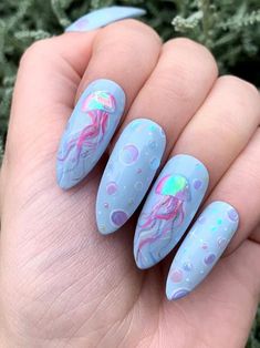 Jellyfish Nail Art, Jellyfish Nails, Fish Nails, Cute Nail Art Designs, Vibrant Nails, Jelly Nails, Dark Nails