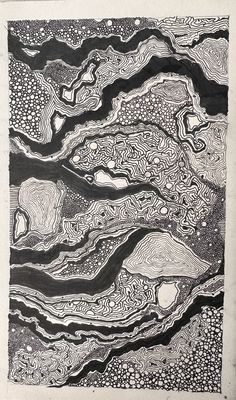 black and white ink drawing on paper with swirly lines in the center, above which is