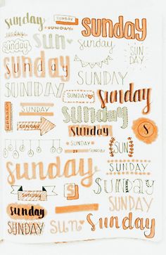 an orange and white poster with words written in different languages, including the word sunday