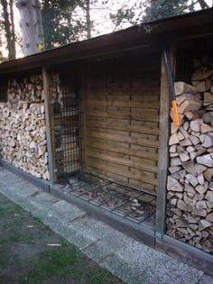 the firewood is stacked up in front of the building and ready to be used