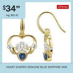 A timeless Irish sentiment. Crafted in stunning 18K yellow gold over sterling silver, these genuine blue sapphire and diamond-accent earrings showcase a classic heart and crown design—representing love, loyalty and friendship.Stones: 5mm heart-shaped genuine blue sapphireOther Stones: Diamond accentsFeatures: Quick ShipEarring Back: WireSetting: Multi-SettingShape: CladdaghStone Cut: RoundEarring Length: 26mmEarring Width: 17mmCare: Wipe CleanAuthenticity: Genuine StoneBirthstone: September Bir… Gold-plated Sapphire Jewelry For Anniversary, Gold Plated Sapphire Jewelry For Anniversary, Yellow Gold Sapphire Dangle Jewelry, 14k Gold Sapphire Jewelry With Matching Earrings, Hallmarked Sapphire Earrings For Anniversary, Yellow Gold Sapphire Jewelry With Matching Earrings, Sapphire Jewelry Stamped 14k For Gift, Gold Sapphire Jewelry Stamped 14k, Sapphire Earrings With Diamond Accents For Gift