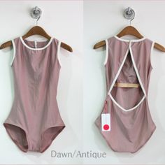 two pictures of a pink bodysuit hanging on a hanger with the tag down