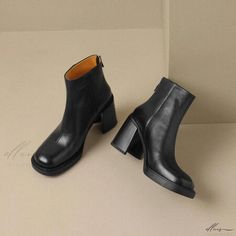 Elluis - Chic Retro-inspired Boots - On-trend Footwear for the Contemporary Fashion Enthusiast Pork Skin, Cow Hide Shoes, Rough Heels, Fashion Enthusiast, Square Head, Inner Tube, Inner Tubes, Contemporary Fashion, Retro Inspired