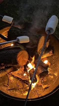 marshmallows are cooking over an open fire