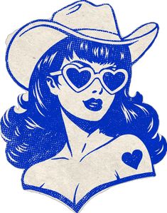 a woman wearing a cowboy hat and heart shaped glasses