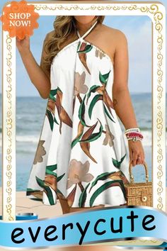 Strapless Halter Tie Loose Dress Summer Beach Strapless Mini Dress, Casual Floral Print Strapless Dress For Vacation, Casual Strapless Floral Dress For Vacation, White Floral Print Strapless Dress For Beach, White Floral Print Strapless Dress For The Beach, White Strapless Floral Dress For Beach, Floral Print Sleeveless Mini Dress For Beach Season, Off-shoulder Floral Mini Dress For Beach, Strapless Floral Print Dress For The Beach