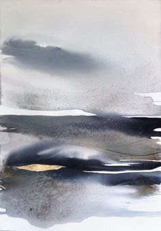 an abstract painting with black and white colors on the water, clouds in the sky