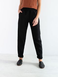 "BRINLEY is a simple high waist linen pants. DETAILS - High waist - Elastic waist - Tapered / slim leg - 100% lightweight European linen fabric - Cut and sewn to order just for you in our studio COLOR - Black, you can also choose other colors above - Fabric samples are available here https://www.etsy.com/listing/586569696/linen-fabric-samples SIZING & FIT - Relaxed fit - Waist (laid flat) is approximately 13 inches / 33 cm - Inseam is approximately 30 inches / 76 cm - Full length (waist to l Linen Tapered Leg Pants With Pull-on Style, Solid Color Everyday Pull-on Bottoms, Non-stretch High-waisted Pants, High Waist Linen Pants With Relaxed Fit, Linen Pull-on Pants For Daywear, Linen Pants With Elastic Waistband For Daywear, Linen Bottoms With Elastic Waistband For Fall, Daywear Linen Pants With Elastic Waistband, Fall Linen Bottoms With Elastic Waistband