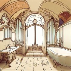 an artistic rendering of a bathroom with bathtub and sink