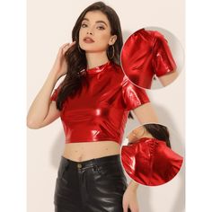 With its sleek and modern style, this short-sleeve crop top is the perfect addition to any outfit, making it instantly party-ready. Crafted with a mock neck, short sleeves, and a perfectly fitted bodice, this essential party top is sure to turn heads wherever you go. Whether you're heading to a club, night out, music festival, or any other occasion, this versatile piece can be dressed up or down to suit your style. Made from top-quality materials, this sparkle tee is not only stylish but also co Fitted Crew Neck Crop Top For Party, Trendy Red T-shirt For Party, Casual Short Sleeve Crop Top For Club, Trendy Short Sleeve T-shirt For Club, Trendy Short Sleeve Crop Top For Club, Fitted Crew Neck Crop Top For Club, Short Sleeve Tops For Club And Party Season, Short Sleeve Tops For Club Party Season, Stretch Short Sleeve T-shirt For Club