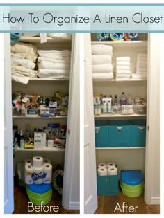 an organized closet with linens and toiletries in it, before and after cleaning