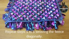 a purple and blue rug with the words repeat steps 1 to 6 weaving the fleece diagonally