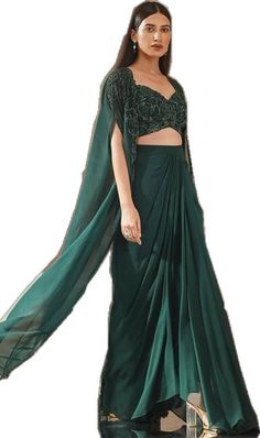 Evening Cape Sets Made Of Georgette, Evening Blouse With Cape Sleeves In Georgette, Evening Georgette Blouse With Cape Sleeves, Draped Georgette Sets For Party Wear, Party Wear Draped Georgette Lehenga, Party Wear Draped Lehenga In Georgette, Elegant Cape Style Georgette Lehenga, Georgette Saree With Cape Sleeves For Parties, Green Evening Sets With Dupatta