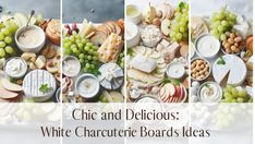 three pictures with different types of cheeses, grapes and other foods on them are shown