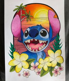 a drawing of stitch with flowers and an elephant in the background on a piece of paper