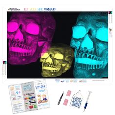 an image of two skulls with different colors on them and some writing tools next to it