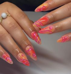 the color combo > • • • #nailzzbylo #nails #nailsofinstagram #nailsnailsnails #almondnails #gelx #gelxnails #airbrushnails #summernails #3dart #3dnailart #jellynails #covinanails #covinanailtech #626nails Aura Nails Pink And Orange, Jelly Nail Ideas, Orange And Purple Nails, Thermal Nails, Vibrant Nails, Gem Nails, Nail Jewelry