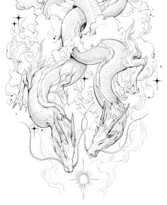 a drawing of two dragon in the clouds