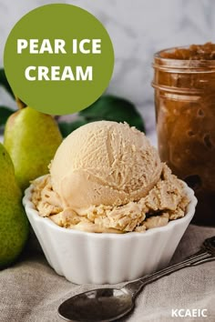 pear ice cream in a bowl next to two pears