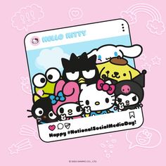 the hello kitty sticker is on top of a pink background with other cartoon characters