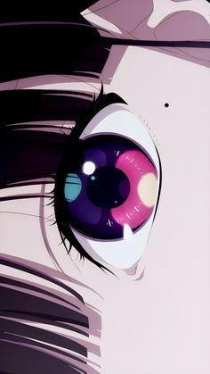 an anime character's eye with long eyelashes and pink eyeshade, looking down at the viewer