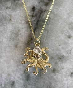 Stainless Steel Gold Plated Chain. Gold Jellyfish, Ocean-inspired Gold Pendant Jewelry, Octopus Brooch, Octopus Jewelry, Octopus Necklace, Octopus Pendant, Gold Plated Chains, Octopus, Clear Crystal