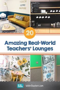 the front cover of an amazing real - world teacher's lounge with pictures of furniture and decor