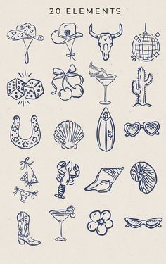 an image of various items that are drawn in blue ink on white paper with the words 20 elements