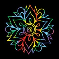 a colorful flower on a black background with an intricate design in the center and bottom corner