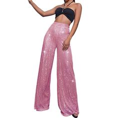 Season:Summer,Spring; Fabric:Polyester; Gender:Women's; Style:Elegant,Fashion,Sparkle; Elasticity:Micro-elastic; Occasion:Club,Going out,Party  Evening,Party,Street; Fit Type:Regular Fit; Function:Comfy; Waistline:High Waist; Pattern:Plain; Design:Sequins; Pants Type:Sparkly Pants,Wide Leg,Pants Trousers; Front page:FF; Listing Date:09/15/2023; Production mode:External procurement; Hips:null; Length:null; Waist:null; Pants Length:Full Length Sequined Pants, Rue Style, Type Collage, Drape Pants, Loose Fitting Pants, Sequin Pants, Spring Summer Wardrobe, Designer Drapes, High Waist Fashion