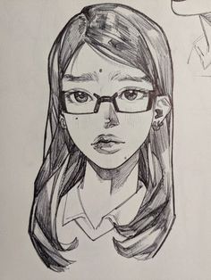 a pencil drawing of a girl with glasses