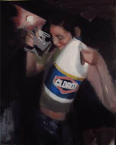 an oil painting of a woman holding a can