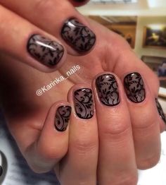 90s Black Nails, Lace Stamped Nails, Gray And Black Nail Designs, Lace Nails Black, Dark Goth Nails, Black Floral Nails, Black Lace Nails, Stamp Nail Art