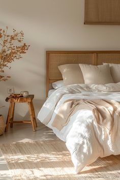 Minimalist bedroom decor with cozy bedding, neutral jute rug, and rattan bed frame Colorful Bedroom Aesthetic, Cozy Minimal Bedroom, Townhouse Ideas, Warm Minimalism, Colorful Bedroom