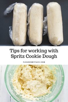 three hot dogs in buns with spritz cookie dough on top and the words tips for working with spritz cookie dough