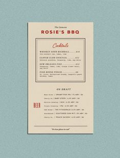 the menu for roise's bbq is shown in red and white on a light blue background