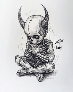 a drawing of a skeleton sitting on the ground with his hands in his pockets and holding a bone