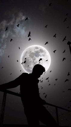 the silhouette of a man standing in front of a full moon with birds flying around