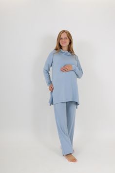 Nursing Friendly Long Sleeve Sleepwear, Blue Long Sleeve Stretch Sleepwear, Blue Stretch Long Sleeve Sleepwear, Maternity Long Sleeve Sleepwear, Maternity Loungewear, Maternity Lounge Wear, Cowl Top, Blue Fog, Cowl Neck Long Sleeve