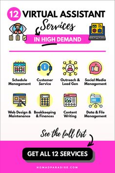 the flyer for virtual assistant services in high demand, with icons and text on it