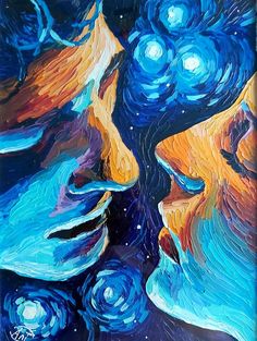 an abstract painting of two people kissing each other with stars in the sky behind them