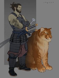 a man standing next to a cat with two swords in his hands and one on the ground