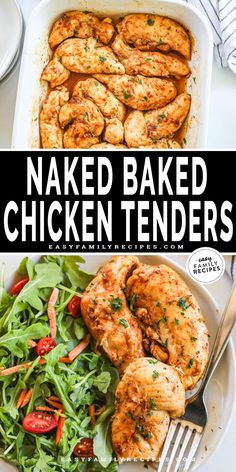 baked chicken tenders in a casserole dish with a salad and fork on the side