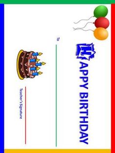 a happy birthday card with a cake and balloons