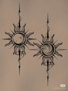 two sun and moon tattoos on the side of a white paper sheet with black ink