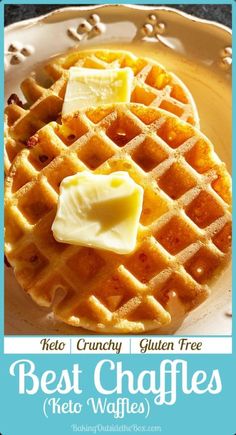 a plate with waffles and butter on it